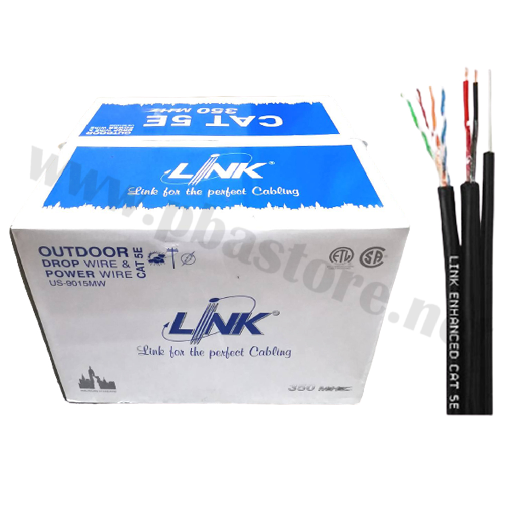 สาย Lan Cat5E Utp Cable Outdoor +Power+Sling สีดำ (305/Box) ยี่ห้อ Link  รุ่น Us-9015Mw